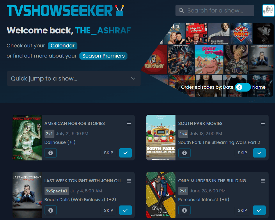 Featured screenshot from TVShowSeeker